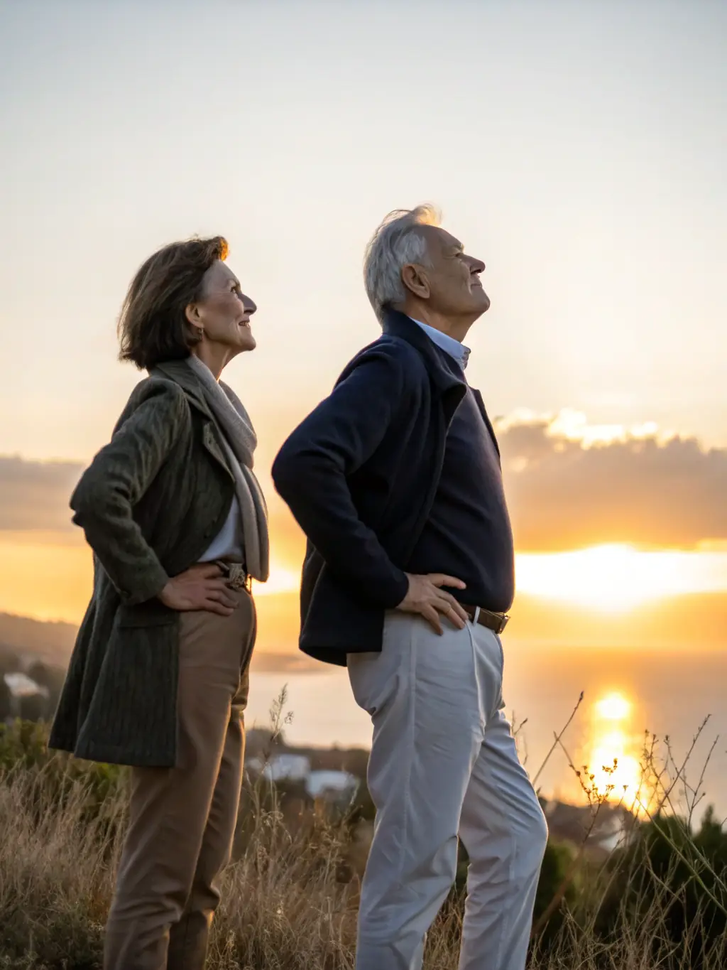 A mature couple confidently looking towards the future, symbolizing the long-term financial security offered by whole life insurance.