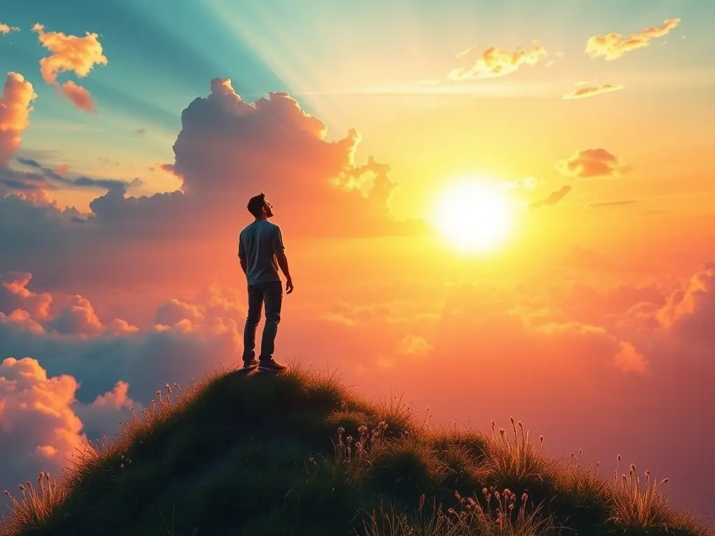 A serene image of a person confidently looking towards the future, representing the financial stability and flexibility offered by universal life insurance. The background is a bright, hopeful sunrise.