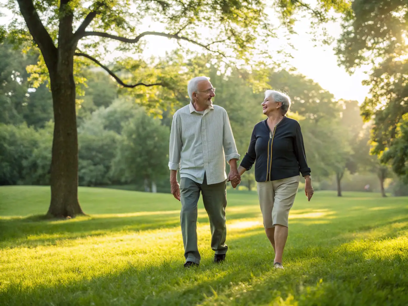 A senior couple smiling and holding hands while walking in a park, representing the peace of mind that comes with having comprehensive health insurance coverage through Provision Insurance.