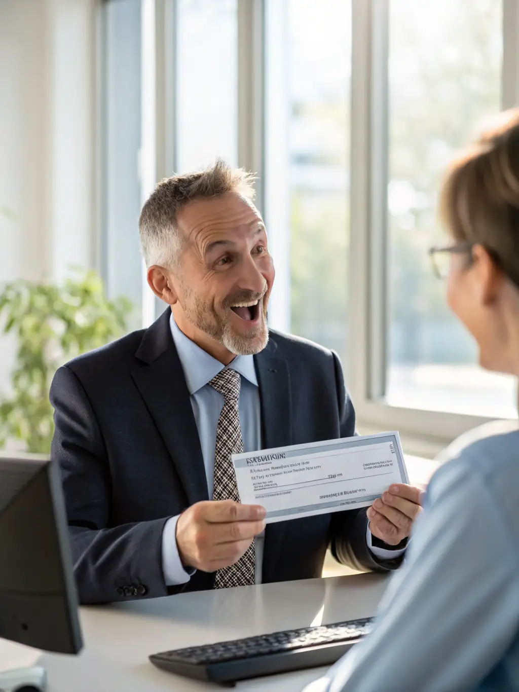 A person receiving a check, representing the financial support provided by life insurance in times of need.