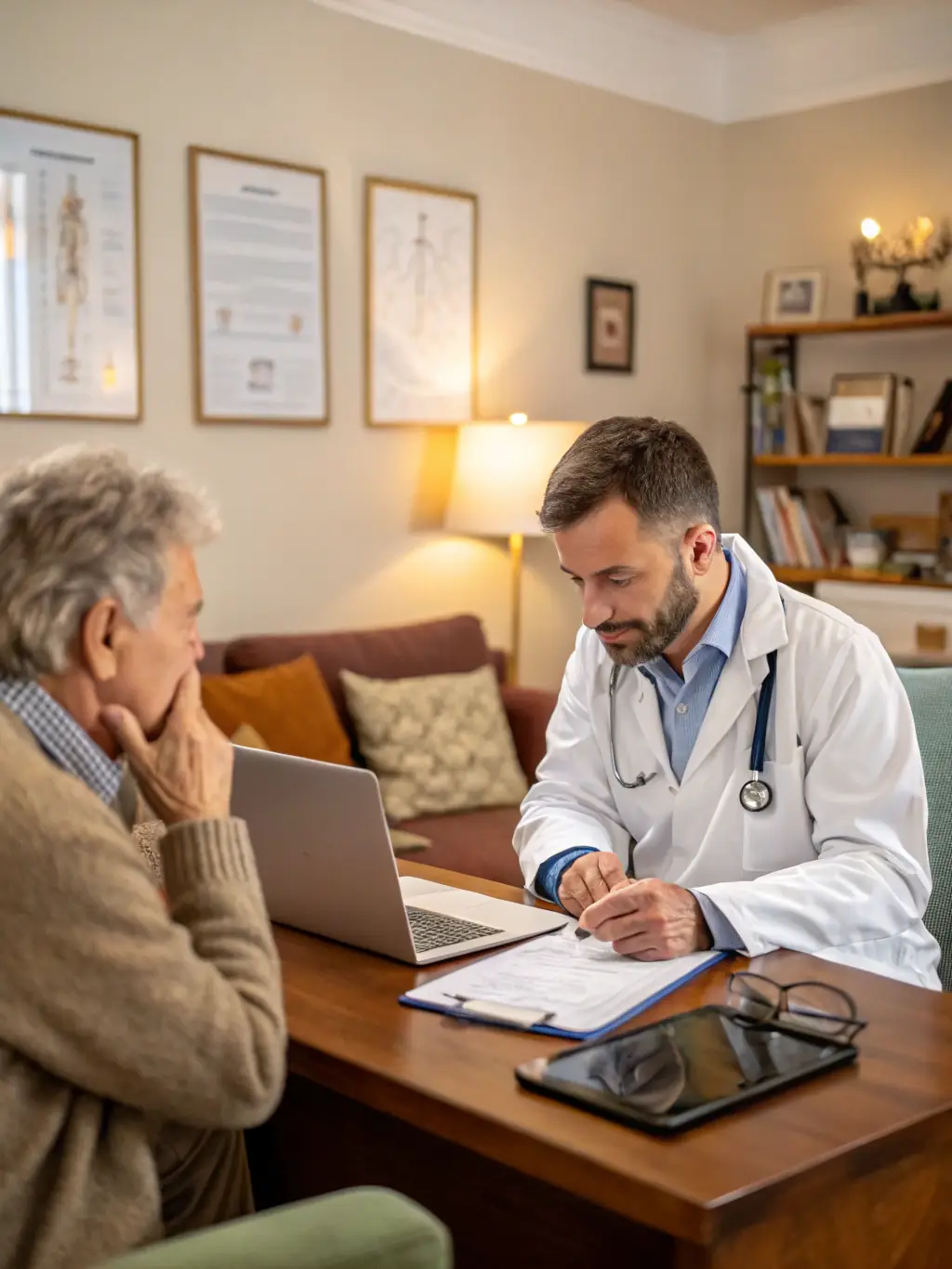 A doctor explaining health insurance options to a senior patient in a well-lit office, emphasizing personalized care and attention.