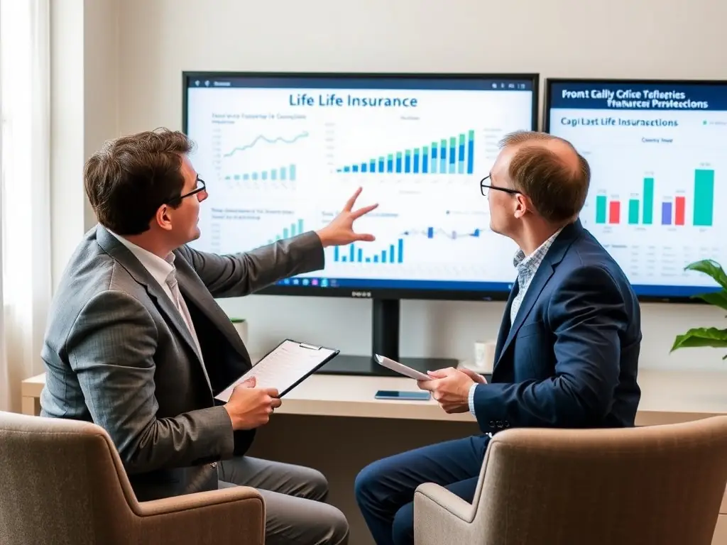 A professional financial advisor explaining the benefits of whole life insurance to a client in a modern office setting. The advisor is pointing to a chart illustrating long-term growth and security.