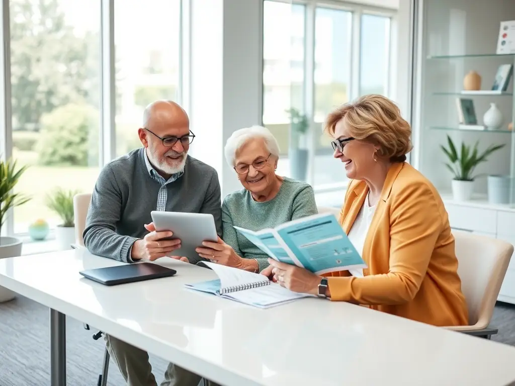 A senior couple smiling and reviewing Medicare plan options with a Provision Insurance Solutions agent in a bright, modern office setting.