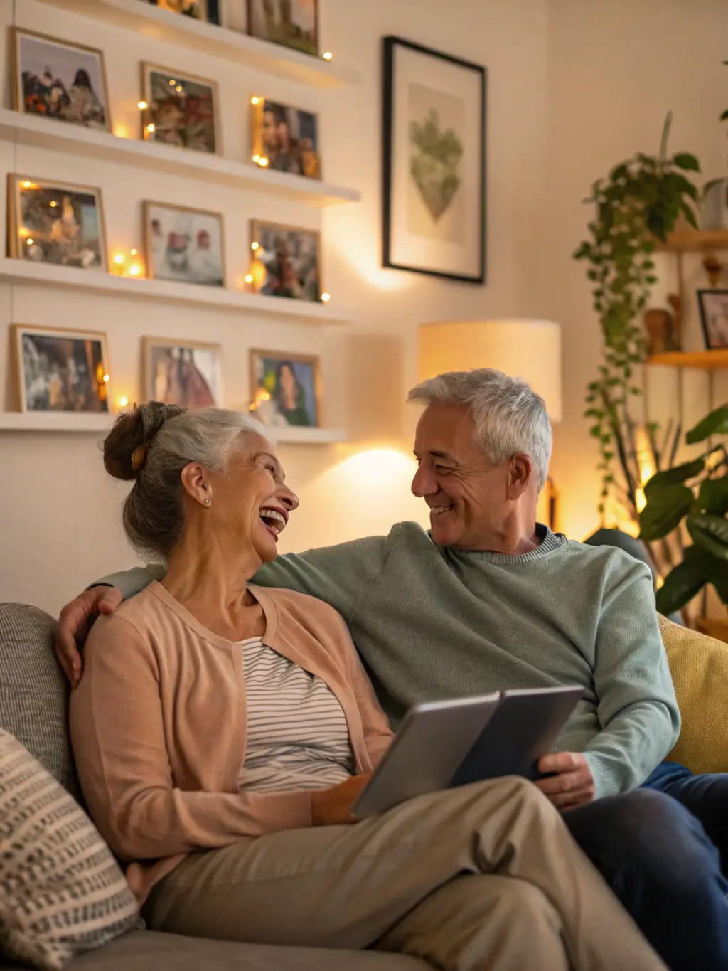 A photograph of a senior couple smiling and holding hands, symbolizing trust and security in their retirement, with a subtle background suggesting a comfortable home environment.