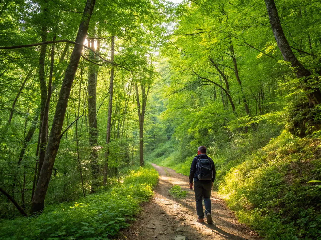 A person is happily hiking in nature, symbolizing a healthy and active lifestyle, with a subtle overlay of a medical heartbeat graphic to represent health insurance.
