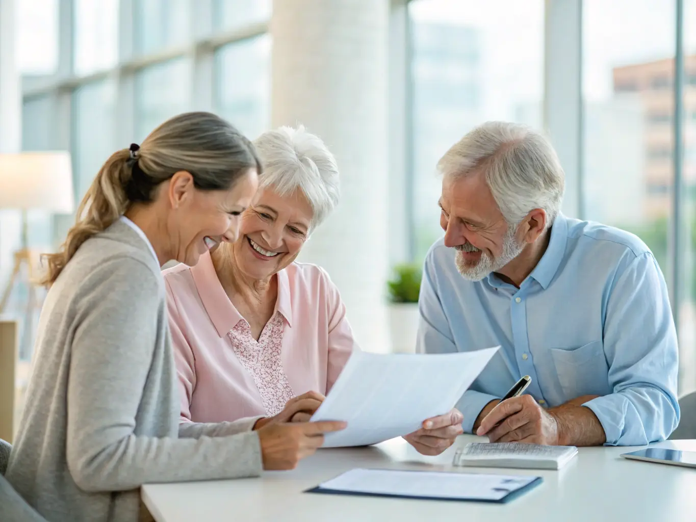 An image of a senior couple smiling and relaxed, discussing their Medicare options with a Provision Insurance Solutions agent in a comfortable office setting.