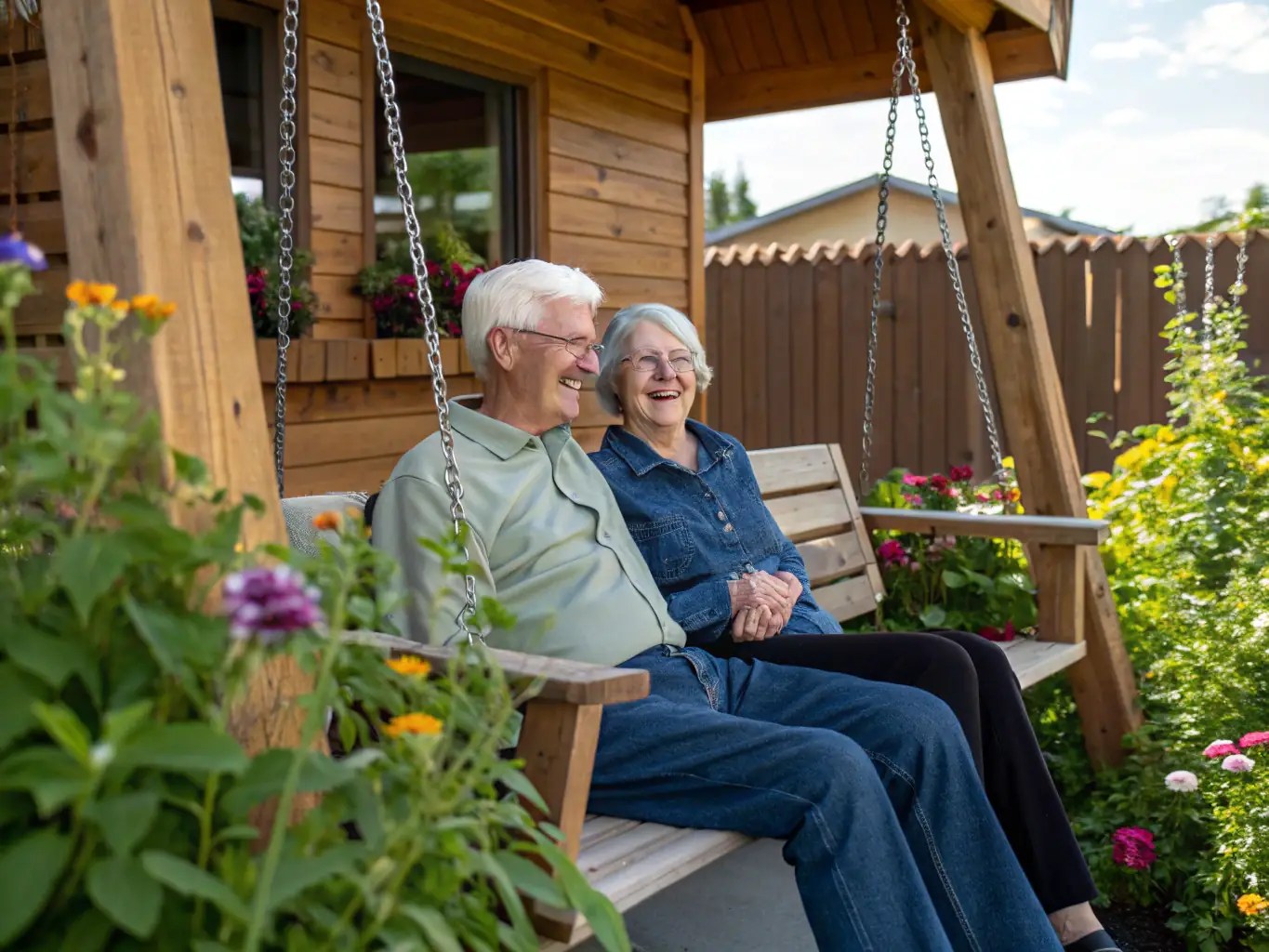 A senior couple is smiling and relaxed, sitting on their porch, with a Medicare card subtly visible in the woman's hand, symbolizing their secure healthcare coverage.