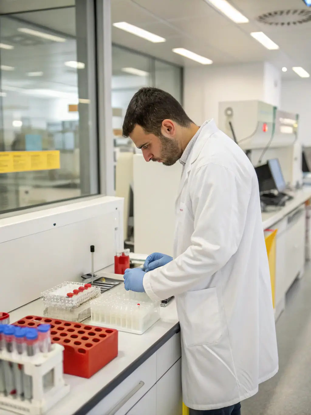 A lab technician in a sterile environment carefully handling DNA samples, showcasing the advanced technology and meticulous processes used at ClinRoute Diagnostic Logistics.