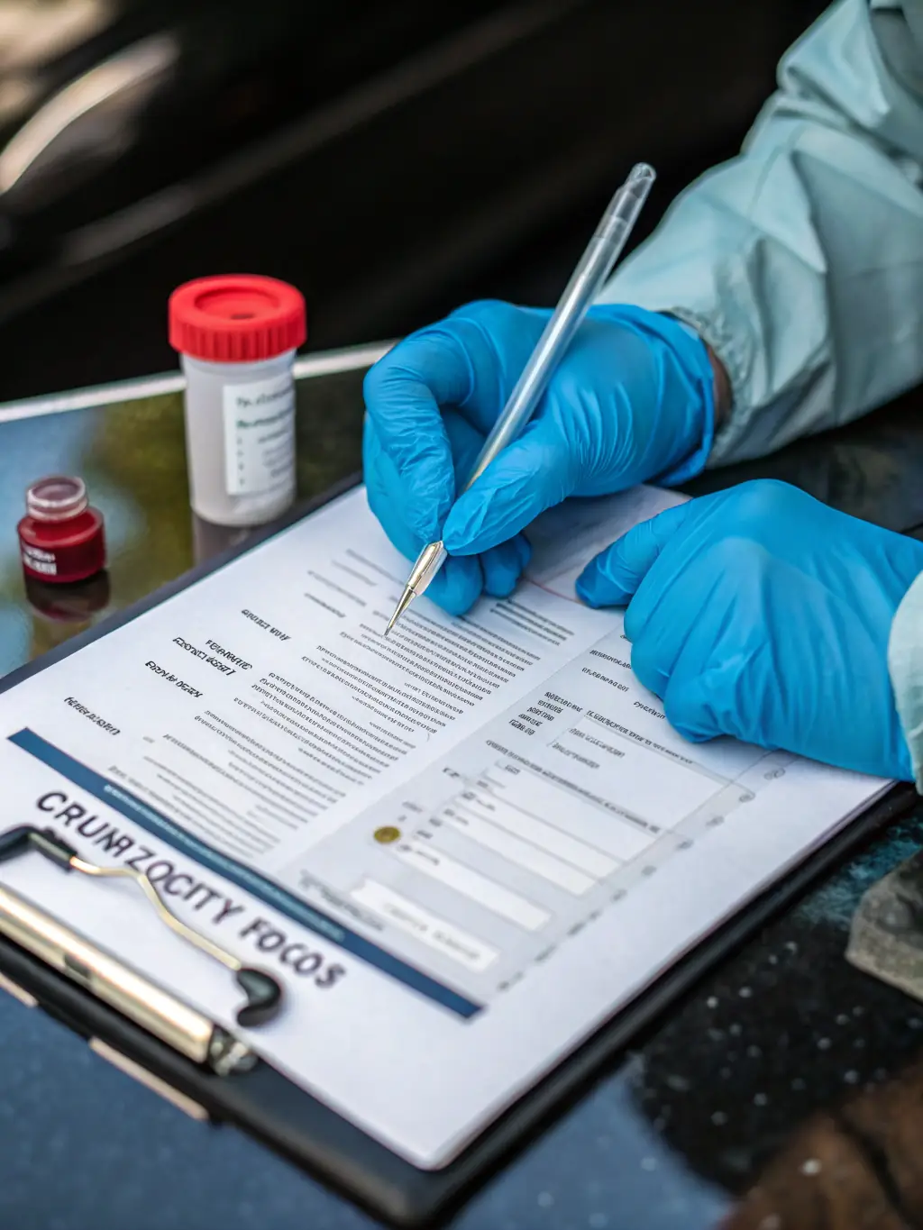 A close-up shot of a DOT specimen collection kit, highlighting the tamper-evident seal and chain-of-custody form, emphasizing the secure handling procedures at ClinRoute Diagnostic Logistics.