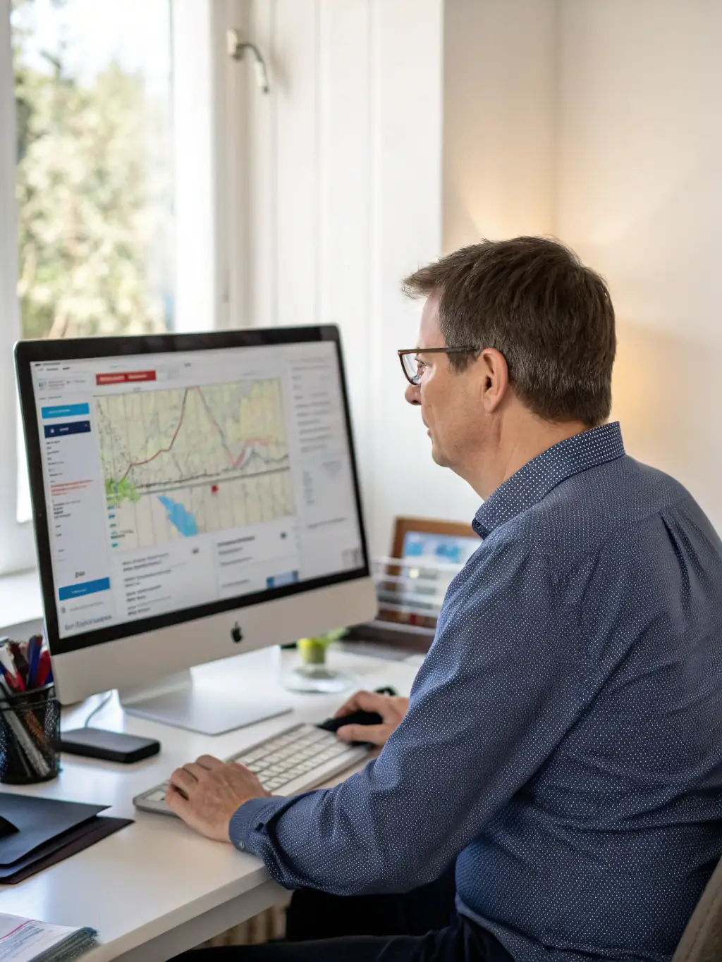 A professional insurance advisor analyzing market trends and policy options on a computer screen, showcasing expertise and up-to-date knowledge.