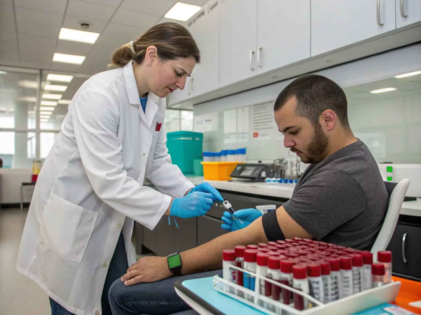 A close-up shot of a phlebotomist carefully labeling a blood sample tube, highlighting the attention to detail in DOT specimen collection.