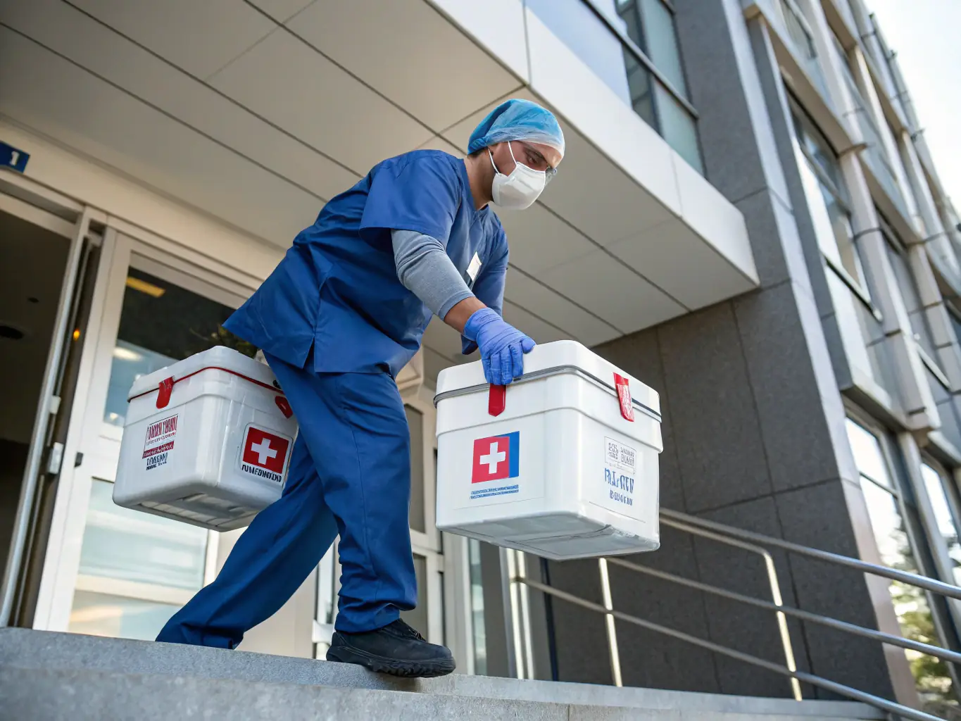 A delivery driver wearing a ClinRoute Diagnostic Logistics uniform, carefully placing a temperature-controlled container with specimens into a secure vehicle, highlighting the company's commitment to maintaining specimen integrity during transport.