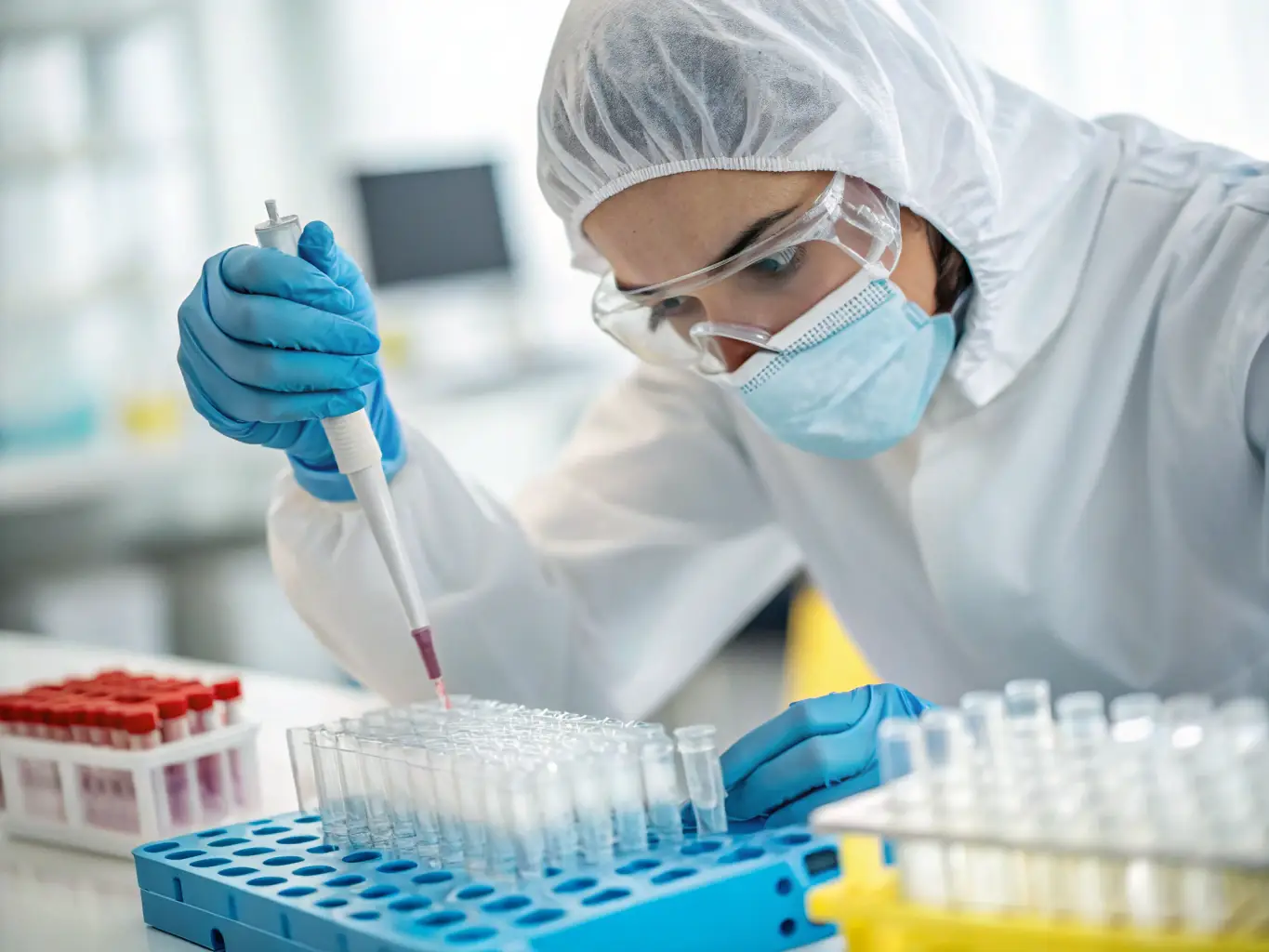 A close-up shot of a medical professional carefully labeling a specimen tube in a modern laboratory setting, emphasizing precision and attention to detail.