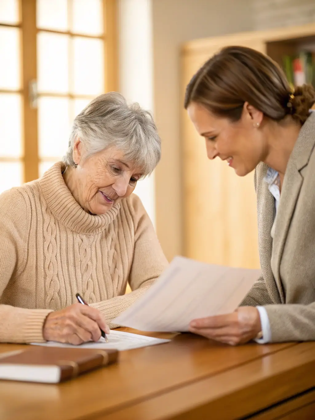 A professional agent explaining Medicare options to a senior client in a well-lit office setting, emphasizing trust and expertise.