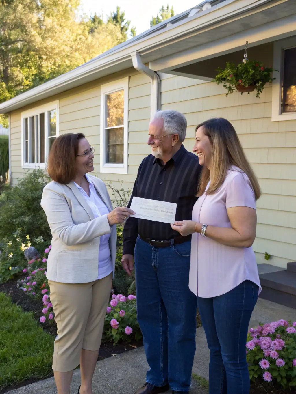 A family receiving a life insurance payout check, illustrating the financial security provided during difficult times.
