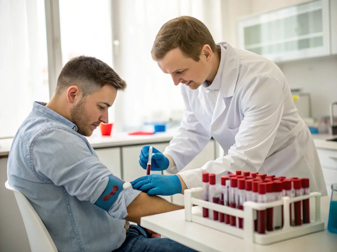 A friendly phlebotomist in a lab coat carefully preparing a blood sample for collection, with a focus on precision and patient care.