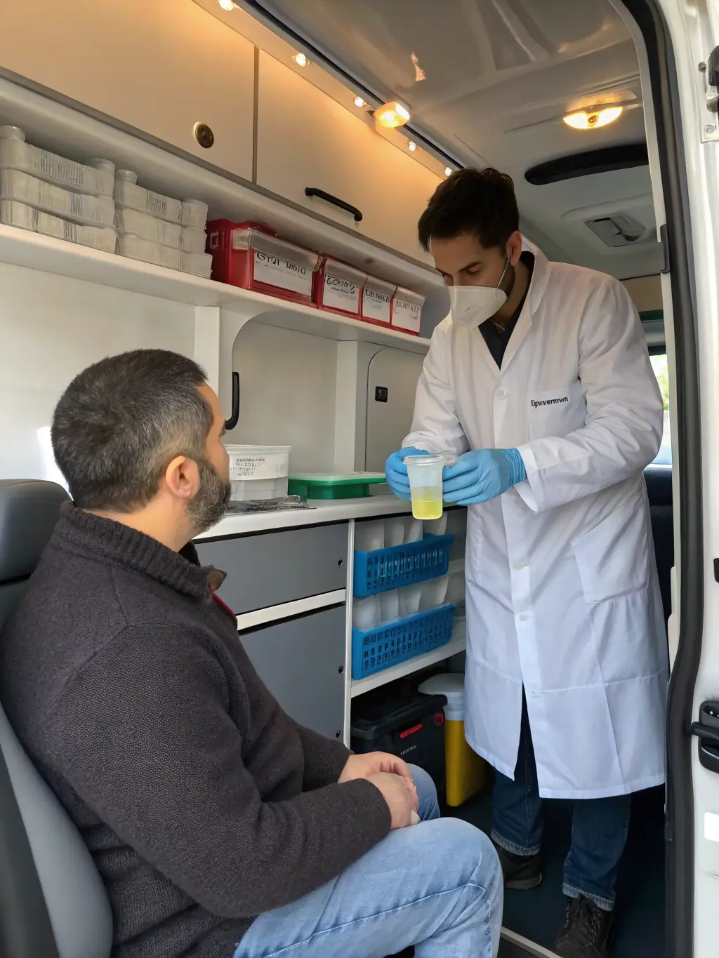 A technician in a lab coat handling a urine sample with gloves, showcasing the cleanliness and professionalism of the process.