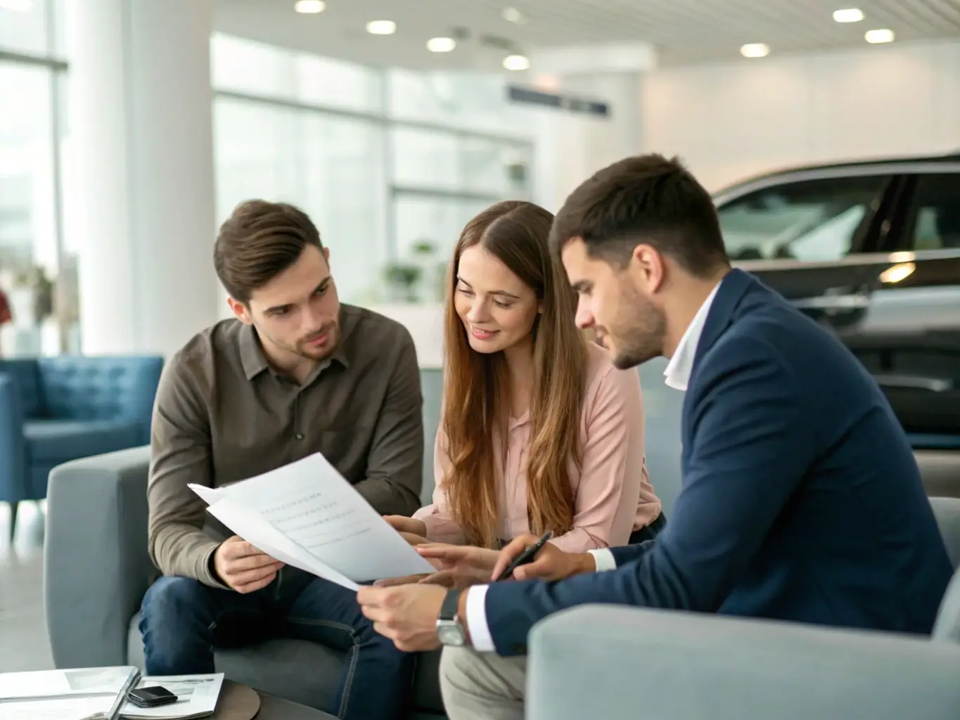 A professional agent is explaining the benefits of term life insurance to a young couple in their office, with a brochure highlighting key features.