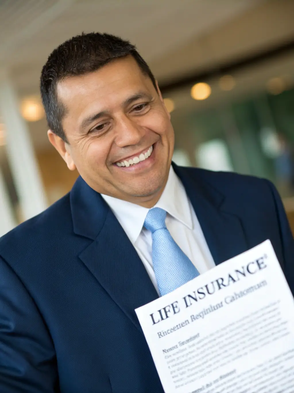 A professional headshot of a financial advisor smiling confidently while holding a life insurance policy document, symbolizing trust and expertise in life insurance planning.