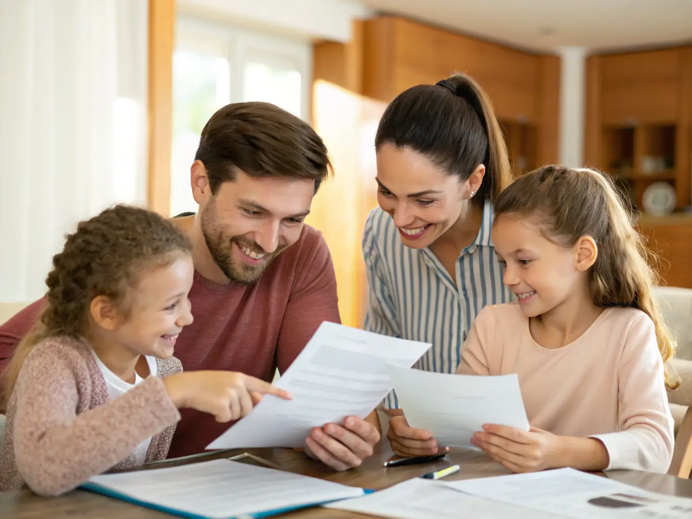 A family is gathered around a table, discussing their financial future with a universal life insurance policy document in view.