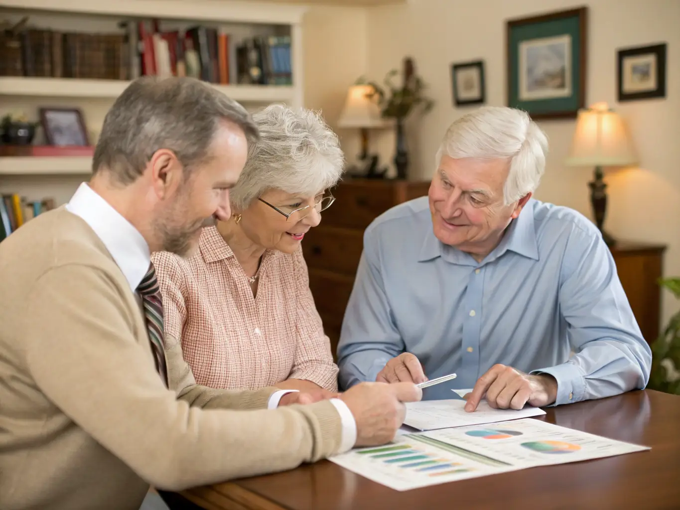 A senior couple is reviewing their whole life insurance policy with a financial advisor in a comfortable living room setting.