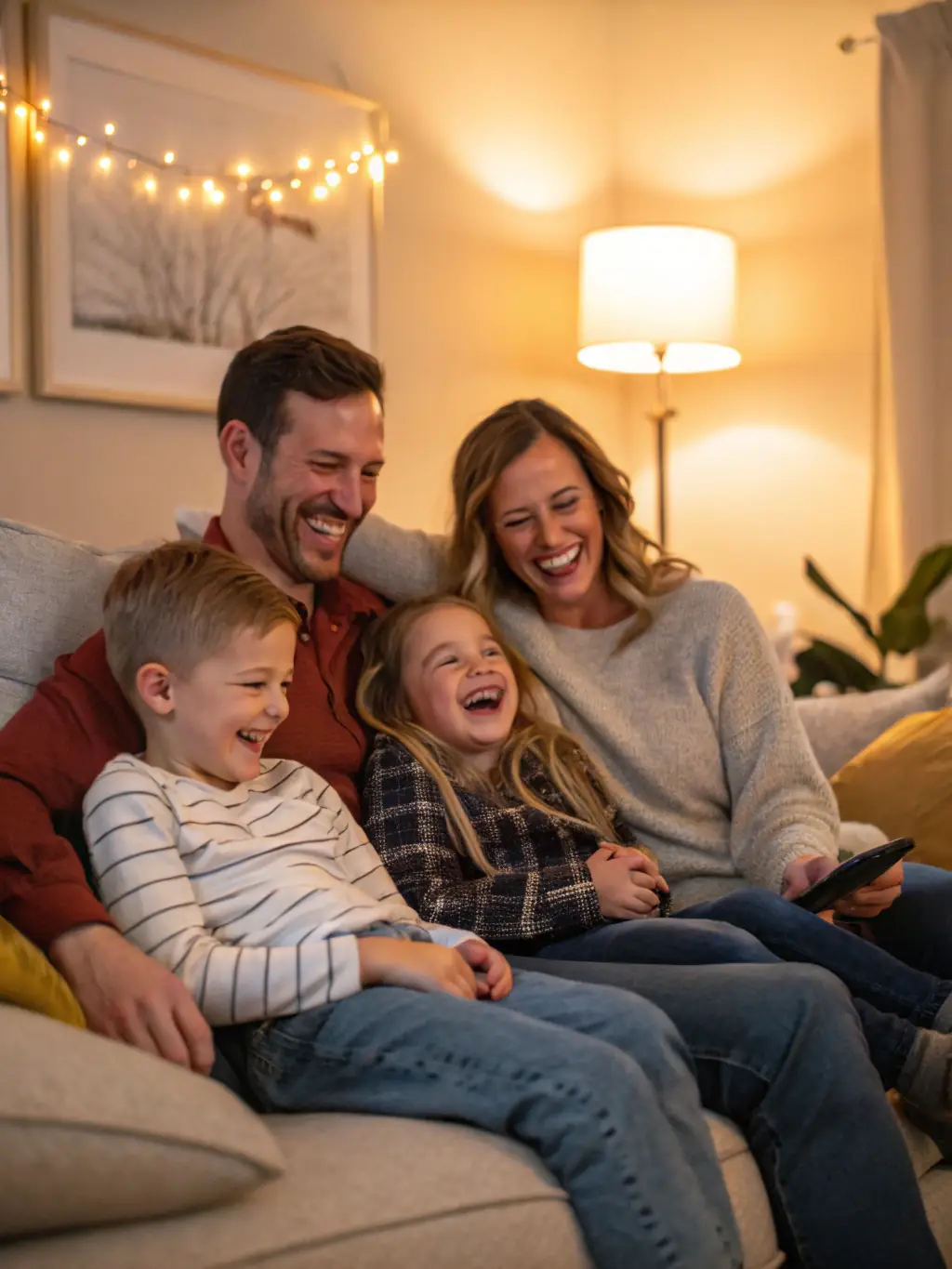 A heartwarming image of a family (parents and children) enjoying quality time together in their home, representing the peace of mind that life insurance provides.
